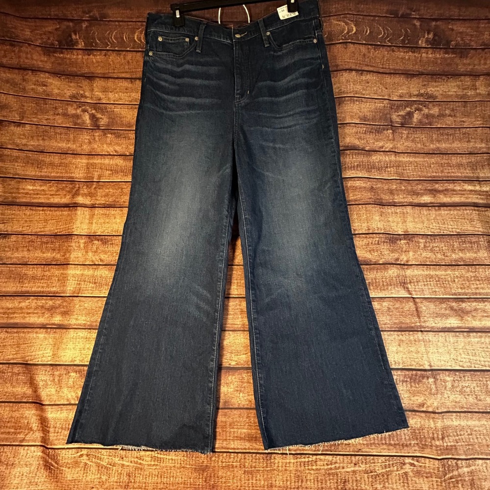 J.Crew 96 Denim Trouser Jeans Size 33 Dark Indigo Wide Leg Raw Hem High Rise